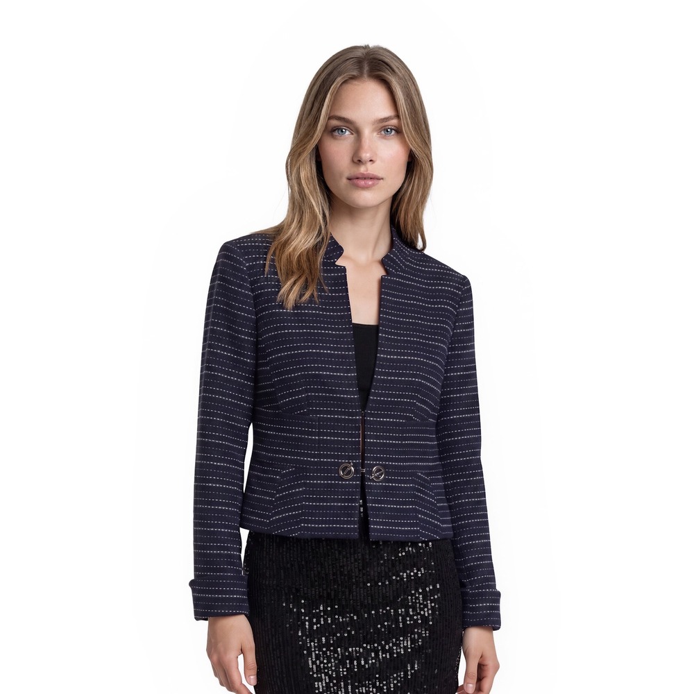 Worth New York Blazer Women's Size 12 Blue Striped Toggle 100% Cotton USA Jacket